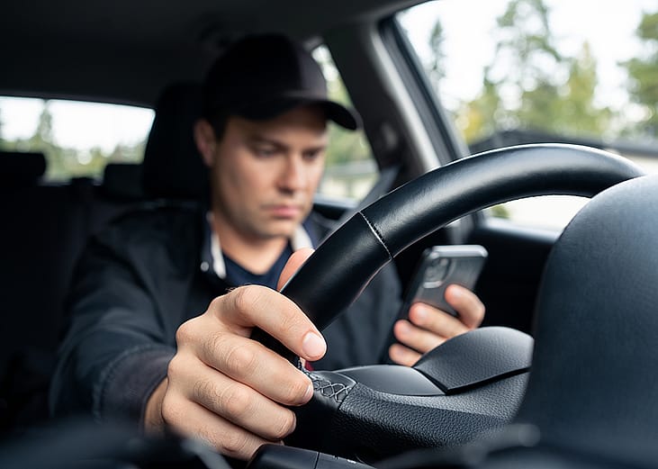 Man distracted texting on his smartphone while driving.