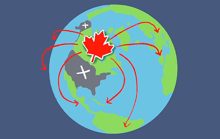 Illustration of globe with overlay of red maple flag over canada and red arrows spreading outward to all countries except the United States, which has an "x" over it.