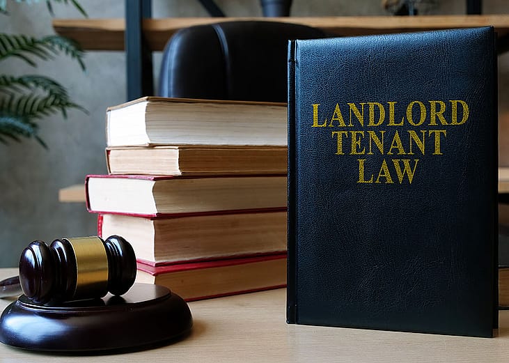 A desk with a judge's gavel on the left, a pile of books with the spines facing away from the camera and a blue book standing upright titled "Landlord Tenant Law" in gold letters.
