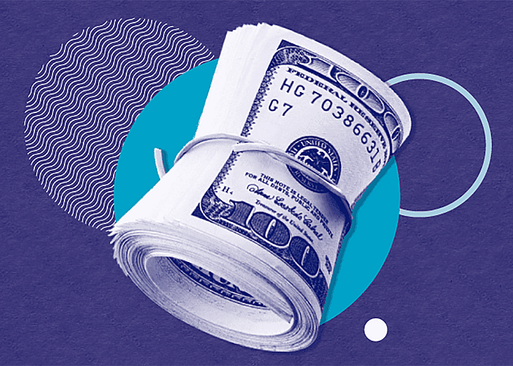 Custom illustration showing cash rolled up with a band.