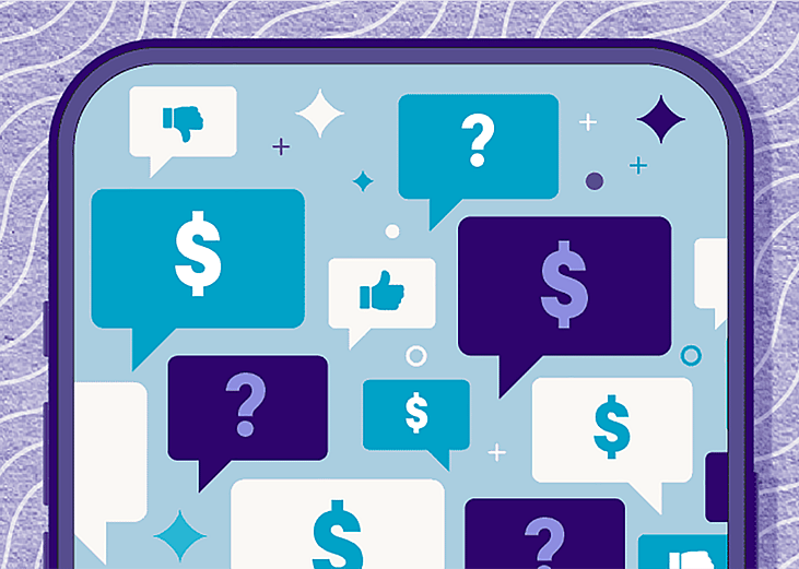 Custom illustration showing a smartphone screen and several chat bubbles showing dollar or thumbs up/down signs.
