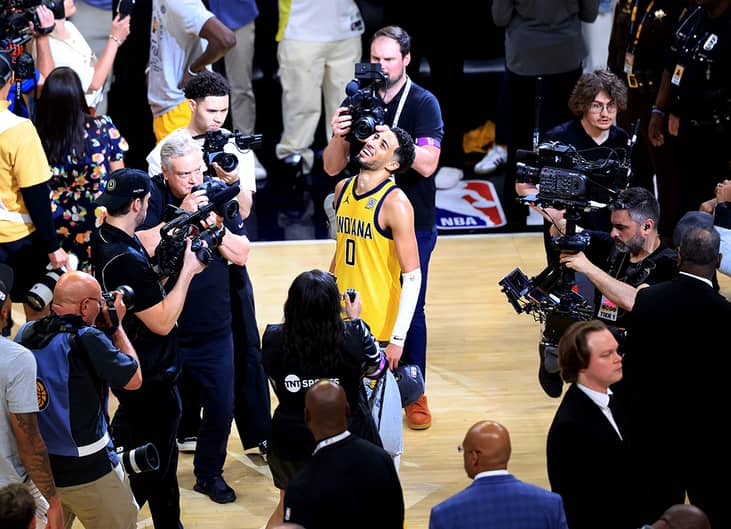 Tyrese Haliburton of the Indiana Pacers smiling after winning in Game Six of the Eastern Conference Finals of the 2025 NBA Playoffs.