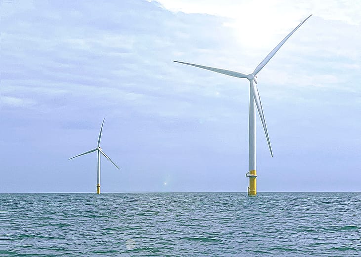 Wind turbines in federal ocean waters installed in 2020 as part of the Coastal Virginia Offshore Wind pilot project.