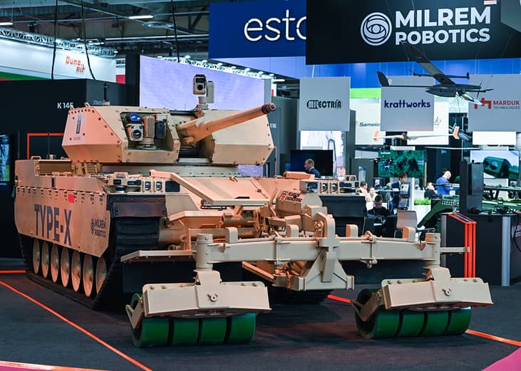 Type-X Robotic Combat Vehicle configured for mine and route clearance by Milrem Robotics, at the Eurosatory Defense and Security expo, on June 21, 2024 in France.