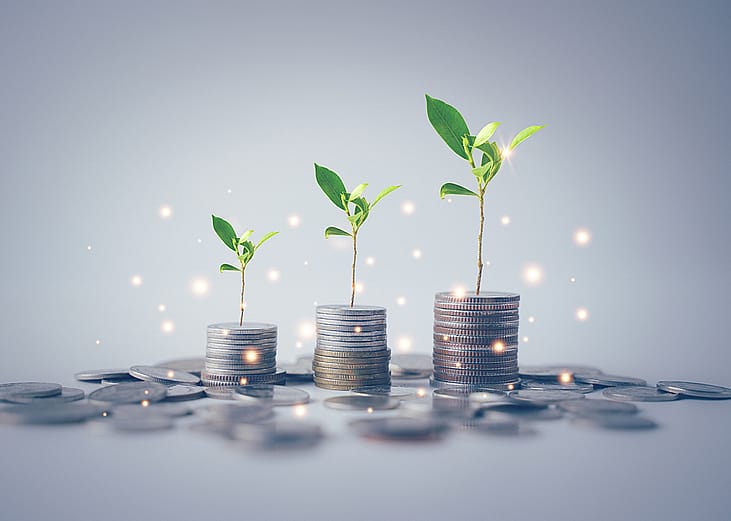 Concept of financial freedom illustrated by stack of coins with growing plants.