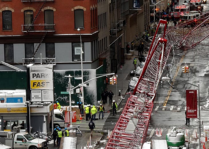 Emergency workers converge at the scene of a collapsed crane in a roadway in lower Manhattan on February 5, 2016 in New York City. 