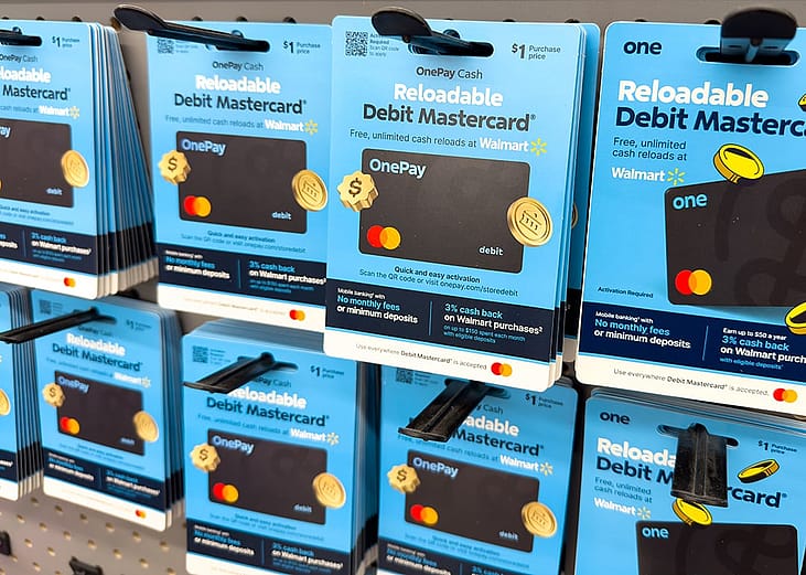 Debit Mastercard on display at a retail store.