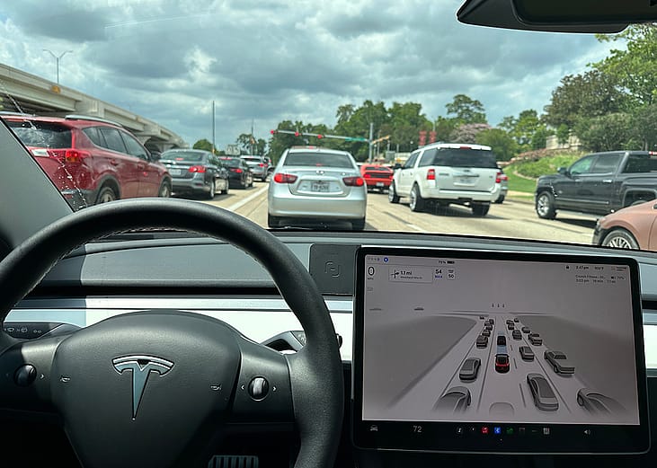 A self-driving Tesla car's view of the road ahead.