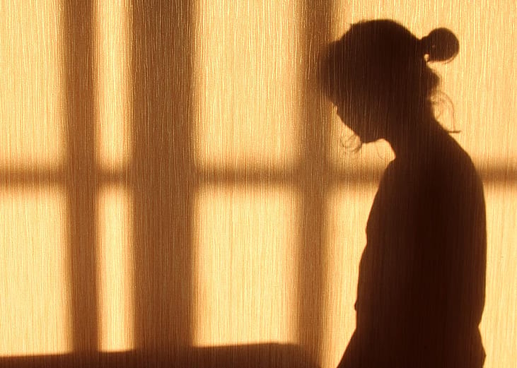 Silhouette of a person with a short ponytail and crossbars of a window on the against a wooden wall. 