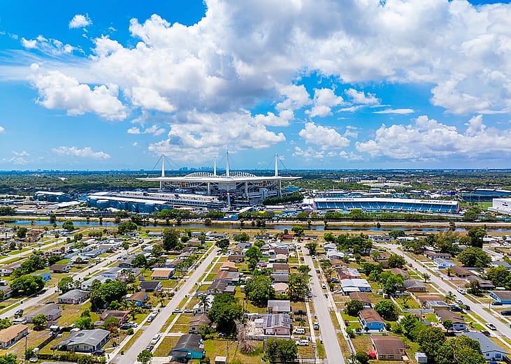 Aerial view of a residential area across the Hard Rock Stadium across in Miami, Florida.