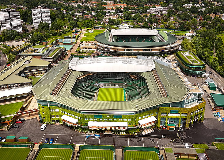 Aerial view of the tennis courts at Wimbledon.