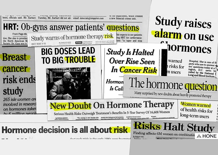 Illustration of newspapers with headlines about hormones.