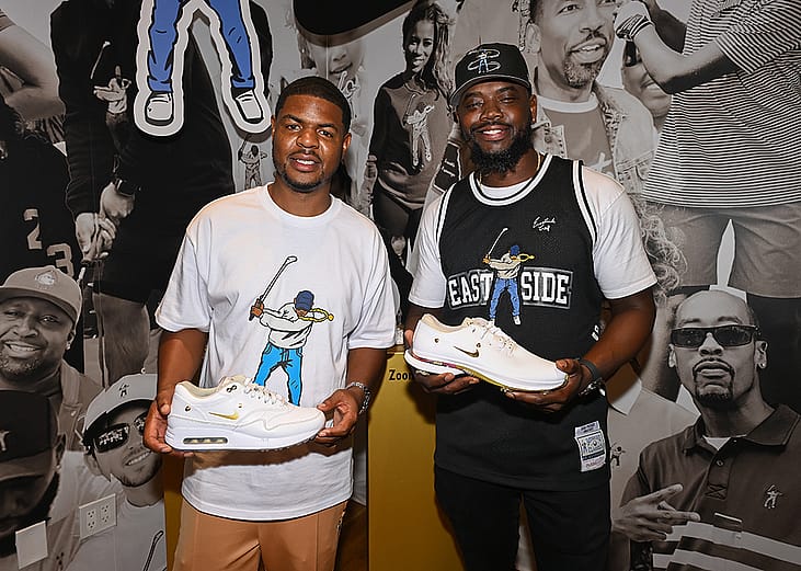 Eastside Golf's founder Earl Cooper and co-founder, Olajuwon Ajanaku at their Shopify pop-up in New York City.