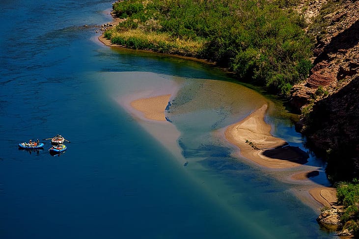 Rafts on the Colorado River as seen from Navajo Bridge in Ariz. on Tuesday, May 20, 2025.