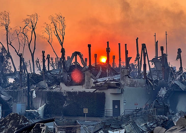 A luxury home reduced to charred pillars after the Palisades fires in Los Angeles, California.