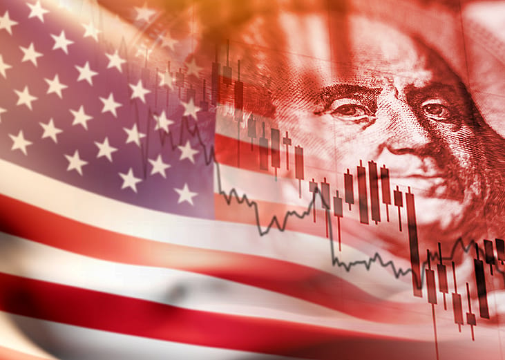 Concept illustration of U.S. stocks showing stock market graphic, U.S. flag and the U.S. dollar.
