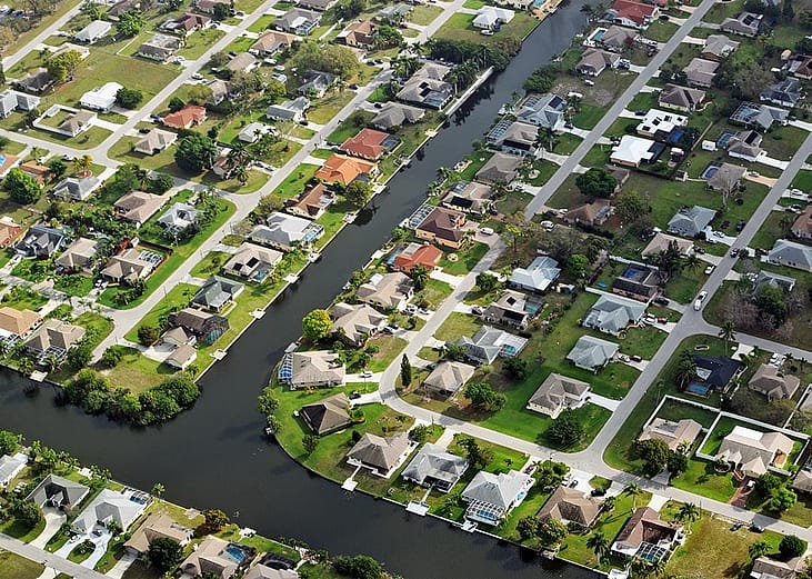 Aerial view of homes in Ft. Myers with canals visible.
