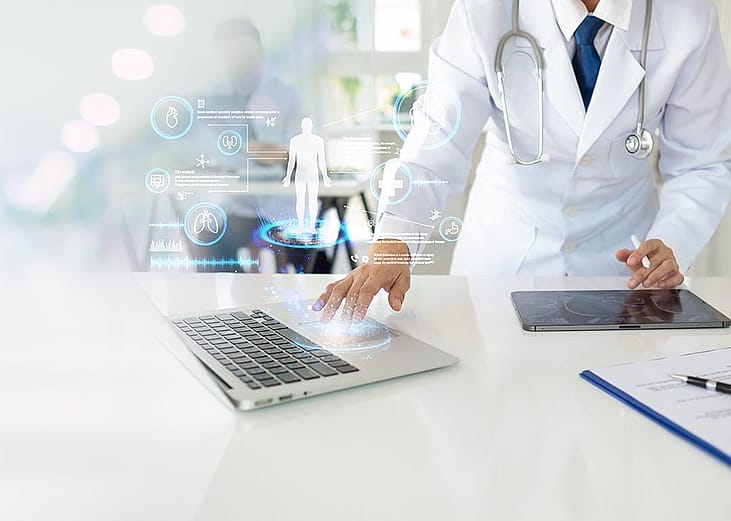Doctor using laptop with elements of futuristic icons superimposed, symbolizing AI and technology.