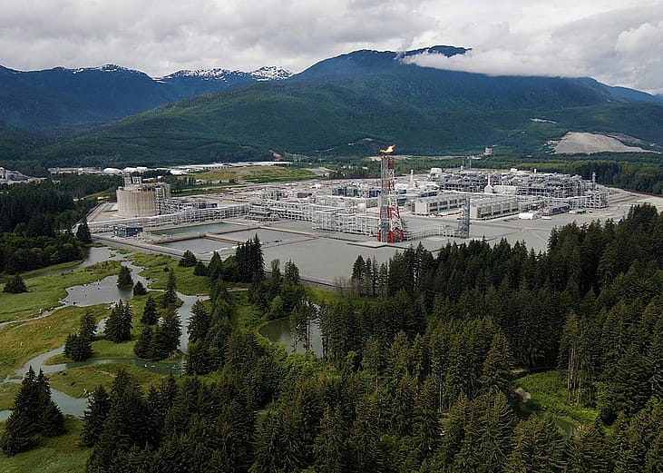 Aerial view of the LNG Canada site in Kitimat, B.C. with gas flare visible on June 26, 2025    