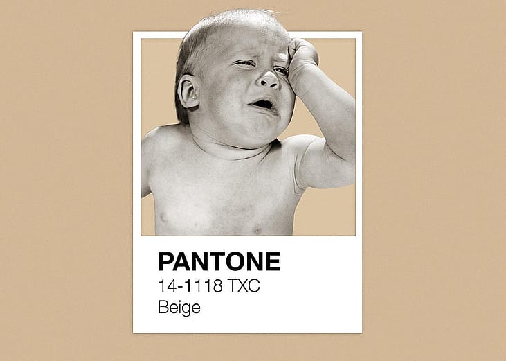 Illustration of crying baby above the pantone color card for beige, ona beige background.