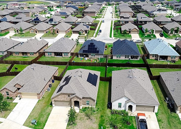 New construction home with solar panel roofs in rapid growing Princeton, Collin County, North Texas.