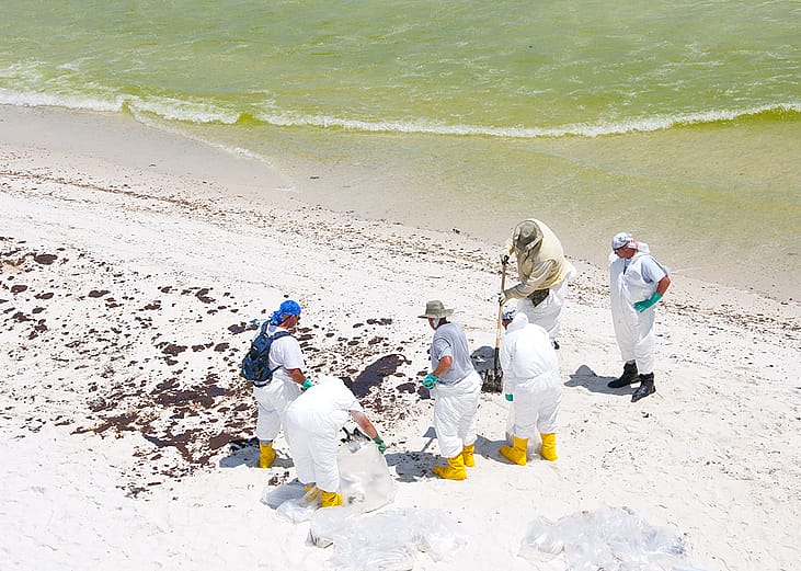 A group of BP oil workers attempt to clean sand spilled with oil in Pensacola Beach, Florida.