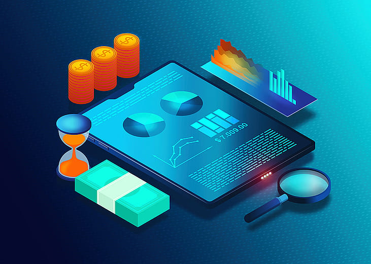 A 3D illustration of a cloud-based payroll software.