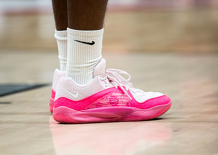 A detailed view of the KD 16 Aunt Pearl basketball shoes worn by Barry Brown Jr #55 of Umana Reyer Venezia during the LBA Lega Basket Serie A Round 8 match Novermber 2023 in Italy.