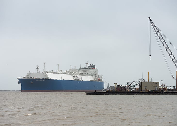 An LNG tanker makes its way into Cameron Pass, Louisiana.