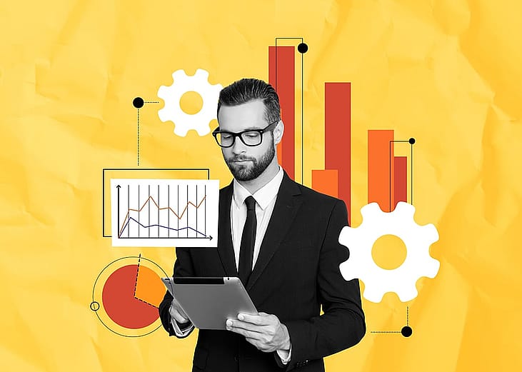 Collage of a finance businessman using a tablet illustrated with finance and analytics graphics.