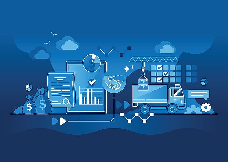 Vector illustration of procurement and product supply concept such as trucks, finance reports, files.
