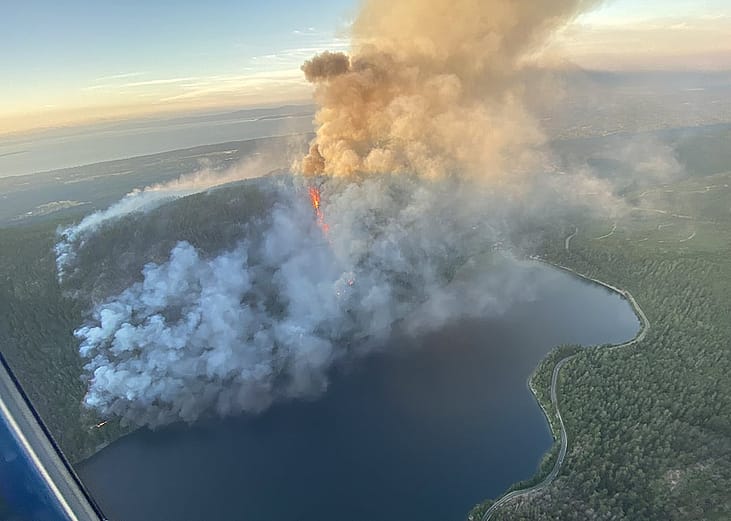 An aerial view of the Wesley Ridge wildfire on Vancouver Island in British Columbia, Canada on August 1, 2025.