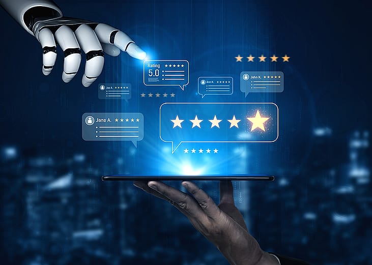 Customer review and rating system illustrated with AI concepts.