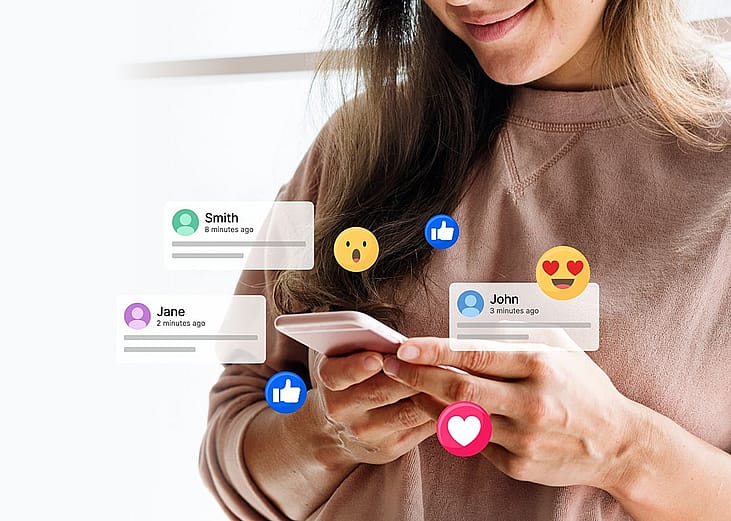 A young woman on her phone illustrated with social media icons and graphics.