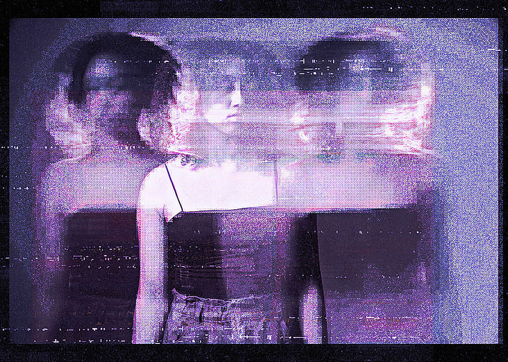 A custom graphic of a young woman illustrated with purple glitching effects.