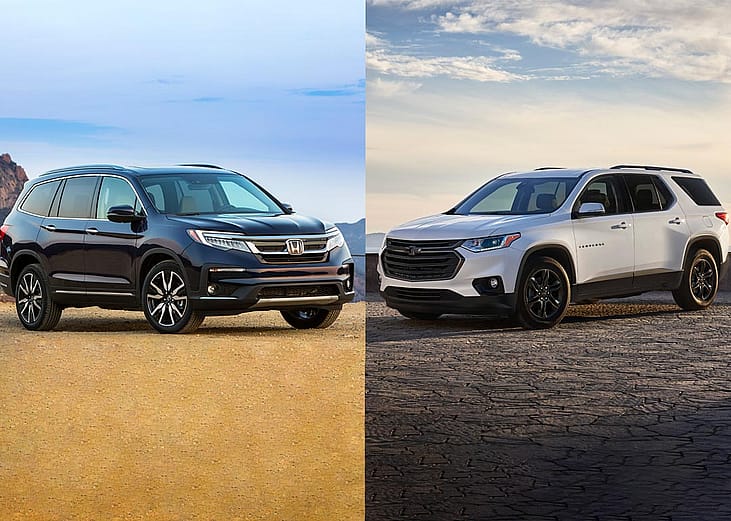 Composite image of a dark Honda Pilot and white Chevrolet Traverse facing each other parked on dirt.
