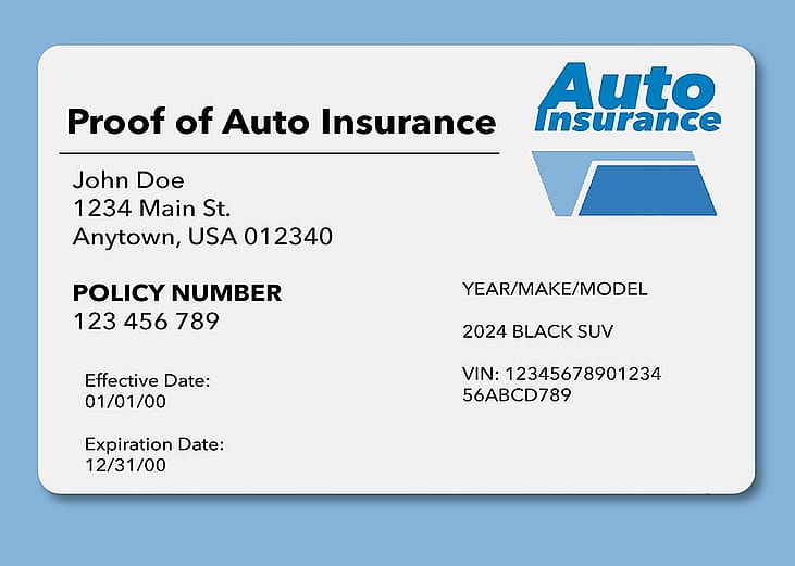A mock illustration of an automobile insurance card.