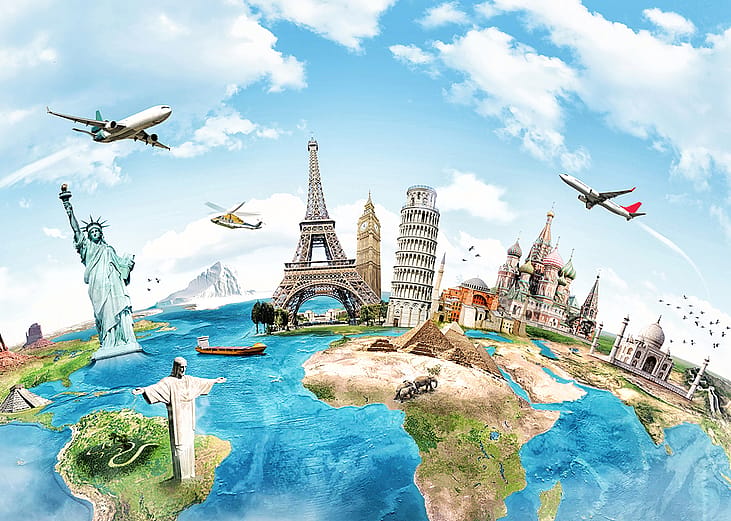 Illustration of the globe with the top tourist spots as a concept of traveling around the world.