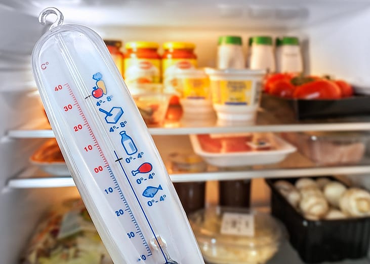 A temperature in front of an open refrigerator.
