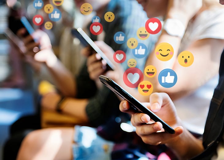 People using their phones on public transport illustrated with social media graphics.