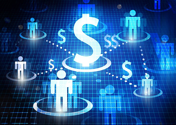 Conceptual illustration showing a dollar sign surrounded with figures of humans connected to each other; concept of crowdfunding.