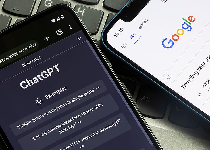 Phones side-by-side with open tabs showing ChatGPT and Google.