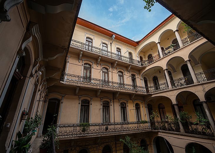 View of the balconies of a residential building in Budapest, Hungary.