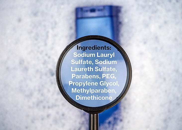 Chemical components listed on a magnifying glass over a shampoo bottle.