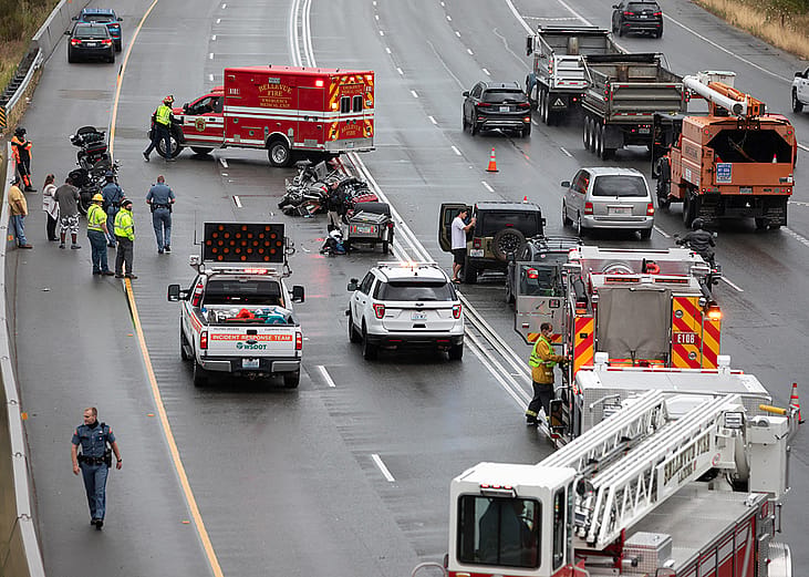 A motorcycle accident on Interstate 405 in Kirkland, Washington.