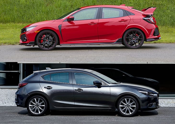 Composite photo of red civic above and black mazda 3 below, both from 2017.