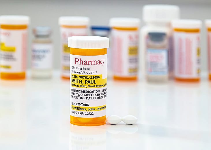 A generic prescription medicine pill bottle in front of a row of other pill bottles.