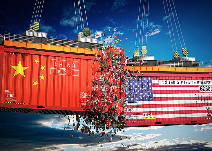 A 3d illustration of clashing cargo containers branded with flags of China and USA.