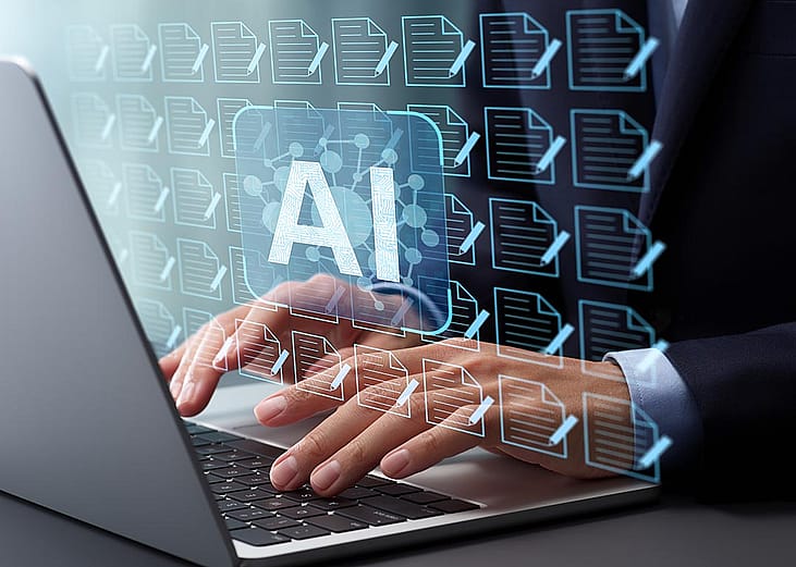 Generative AI artificial intelligence generate text document and abstract papers as symbolized by person typing on laptop icons of many docs covering the image.