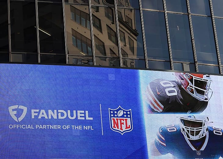 A FanDuel, the official partner of the NFL, gambling advertisement on the exterior of Madison Square Garden on September 03, 2025 in New York City.